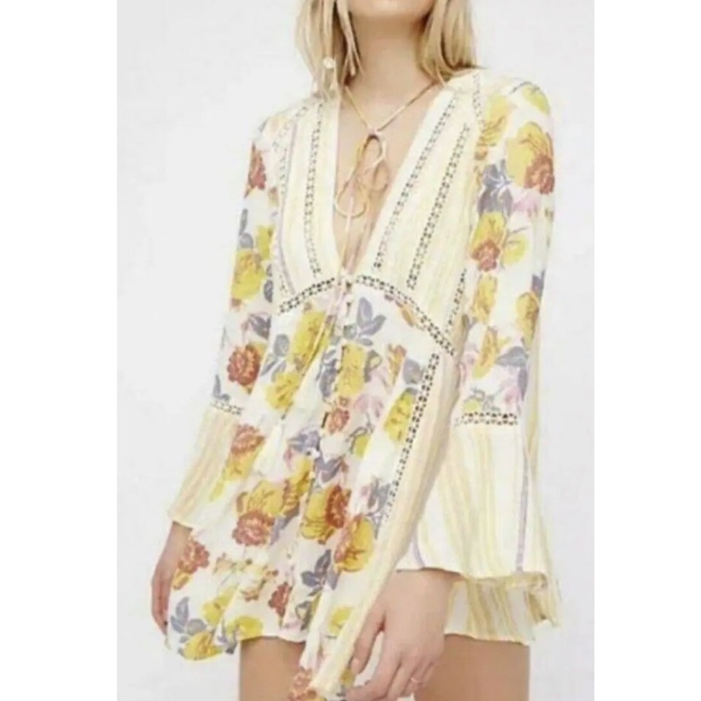 FREE PEOPLE LOVESTONED Floral Tunic Dress w/Tassel Bell Sleeves top medium